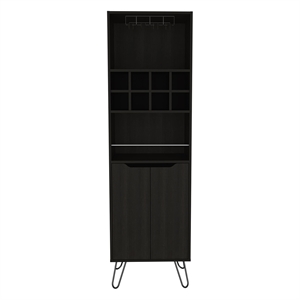 Pemberly Row Bar Double Door Cabinet 8 Built in Wine Rack 4 Legs 4 Shelves Black