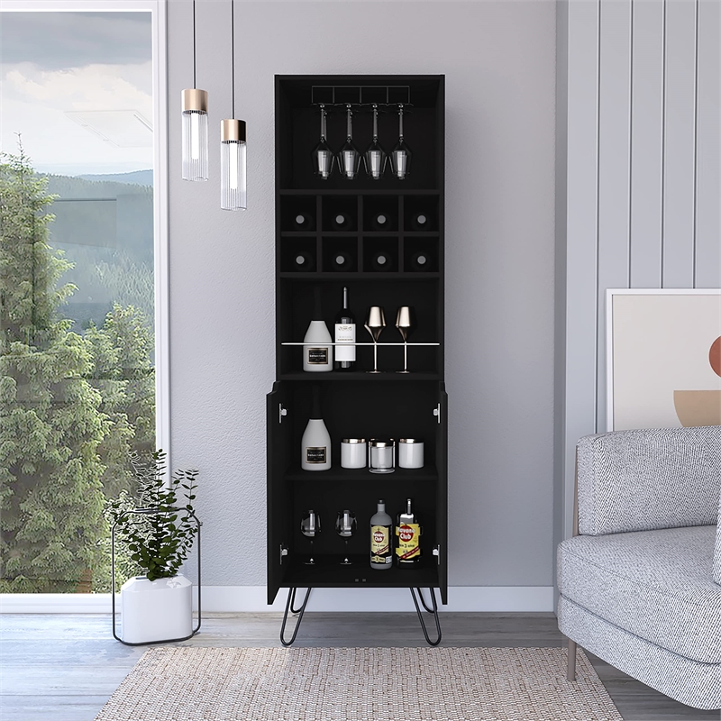 Pemberly Row Bar Double Door Cabinet 8 Built in Wine Rack 4 Legs 4 Shelves Black