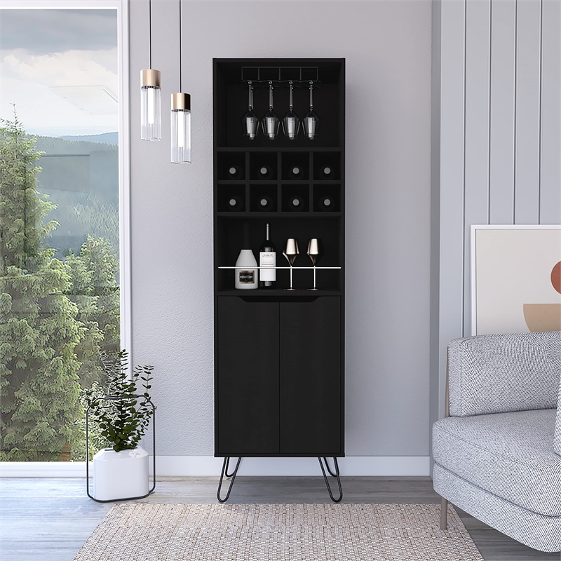 Pemberly Row Bar Double Door Cabinet 8 Built in Wine Rack 4 Legs 4 Shelves Black