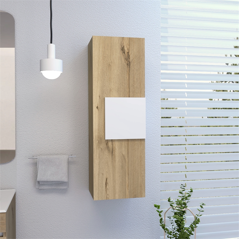 Pemberly Row Medicine Cabinet Single Door 3 Shelves in Light Oak / White