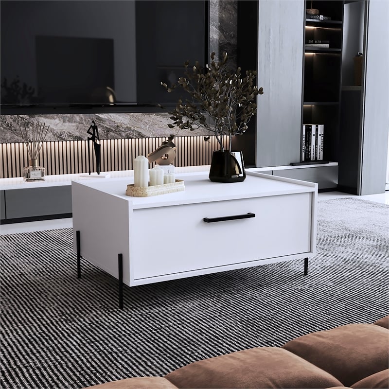 Pemberly Row Contemporary Coffee Table 1 Shelf 4 Legs in White