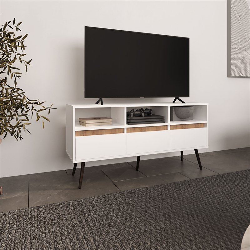 Pemberly Row Contemporary TV Stand 3 Drawers 3 Shelves White Natural Oak