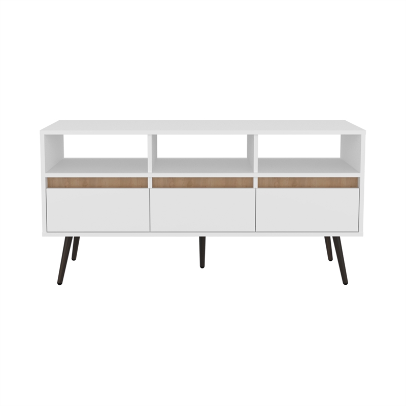 Pemberly Row Contemporary TV Stand 3 Drawers 3 Shelves White Natural Oak
