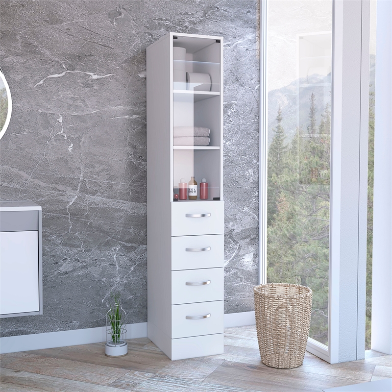 Pemberly Row Engineered wood Cabinet With 3 Shelves & 4 Drawers in White Wood