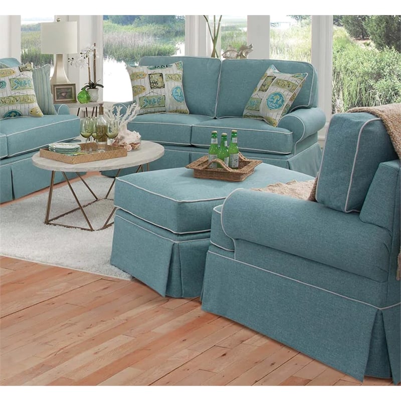 Pemberly Row Coastal Fabric Upholstered Ottoman in Turquoise