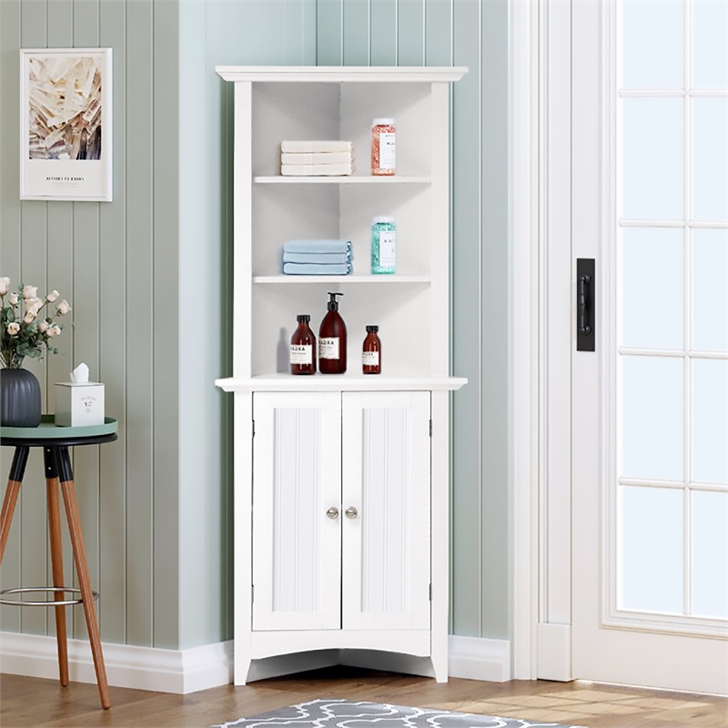 Pemberly Row Farmhouse Engineered Wood Corner White Kitchen Cabinet
