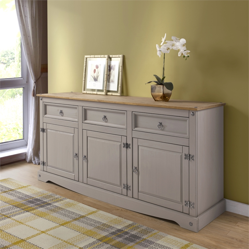 Pemberly Row Farmhouse Cottage Wood Buffet Sideboard in Corona Gray