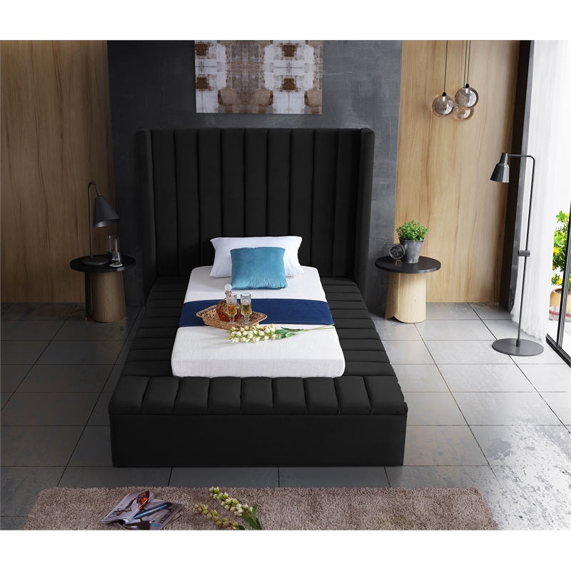 Pemberly Row Contemporary Solid Wood and Velvet Twin Bed in Black