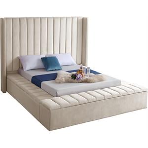 Pemberly Row Contemporary Solid Wood and Velvet Queen Bed in Cream