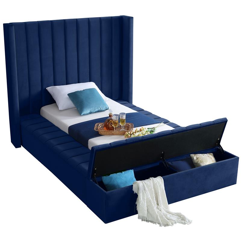 Pemberly Row Contemporary Solid Wood and Velvet Twin Bed in Navy