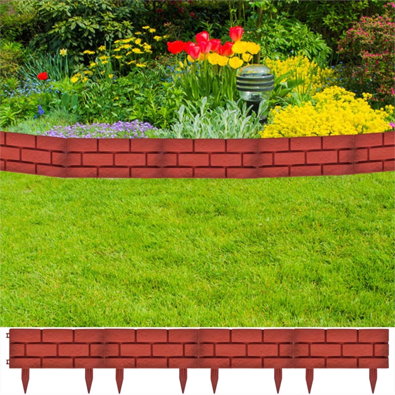 Pemberly Row Durable 11pcs Brick Design Lawn Divider in Red Finish