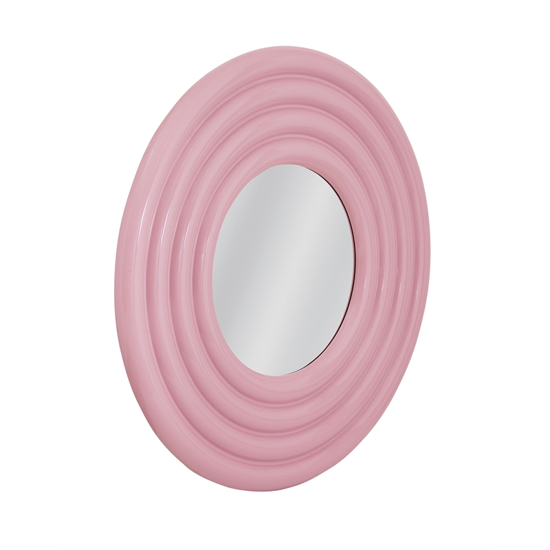 Pemberly Row Contemporary Round Wall Mirror in Glossy Pink Finish
