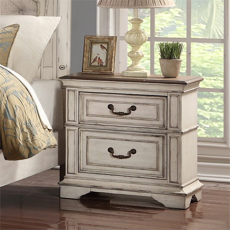Pemberley Row Solid Wood Antique White Nightstand Rectangular Velvet Lined Drawers 28