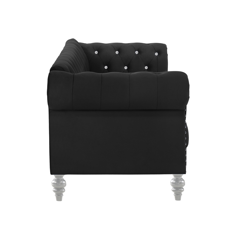 Pemberly Row Contemporary Crystal Velvet Fabric Sofa in Black