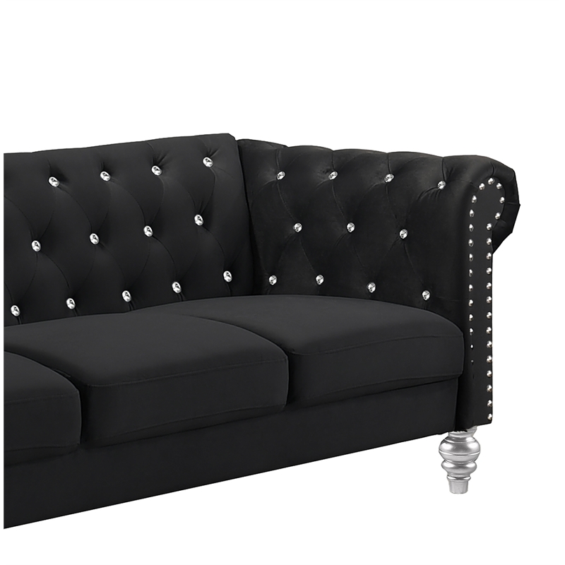 Pemberly Row Contemporary Crystal Velvet Fabric Sofa in Black