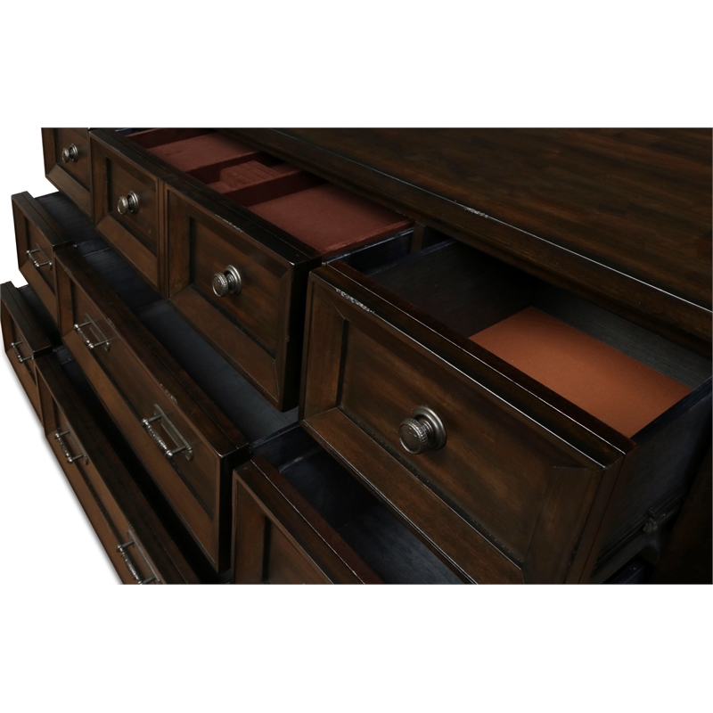 Pemberly Row Modern Solid Wood Dresser with Mirror Set in Walnut