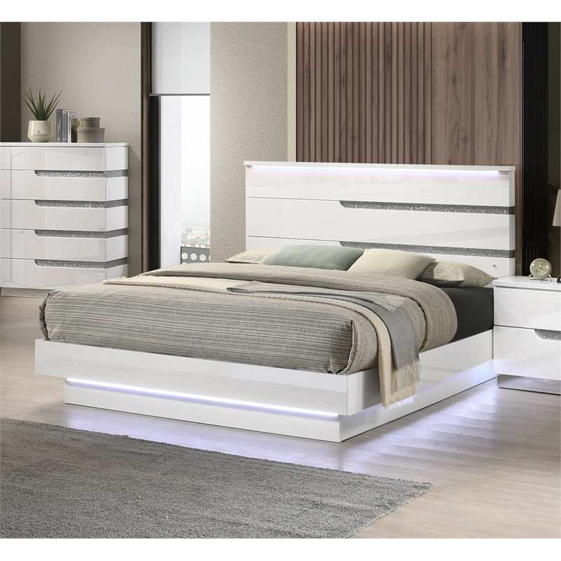 Pemberly Row Contemporary Solid Wood King Bed in White Gloss Laminate