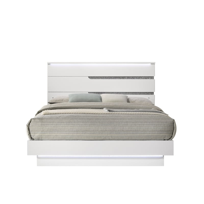 Pemberly Row Contemporary Solid Wood King Bed in White Gloss Laminate