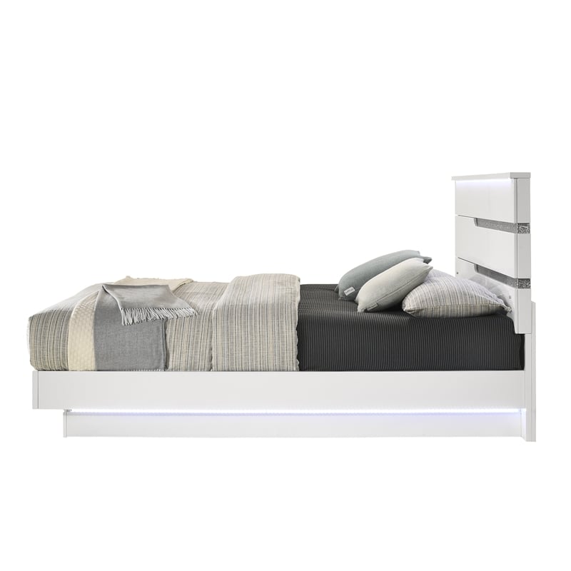 Pemberly Row Contemporary Solid Wood King Bed in White Gloss Laminate