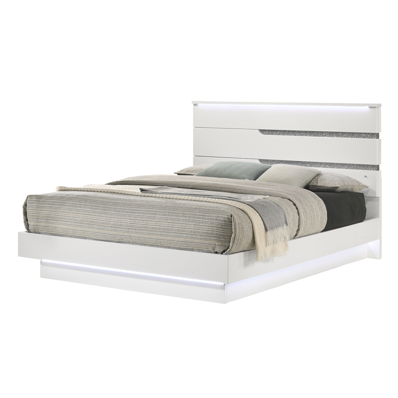 Pemberly Row Contemporary Solid Wood King Bed in White Gloss Laminate
