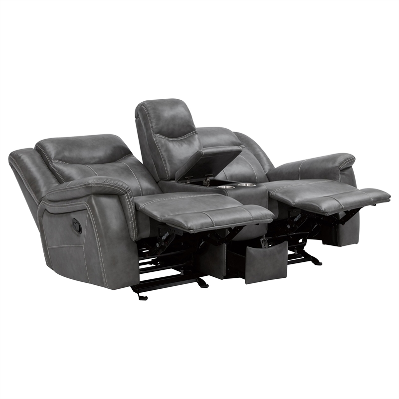 Pemberly Row Contemporary Faux Leather Motion Reclining Loveseat in Gray