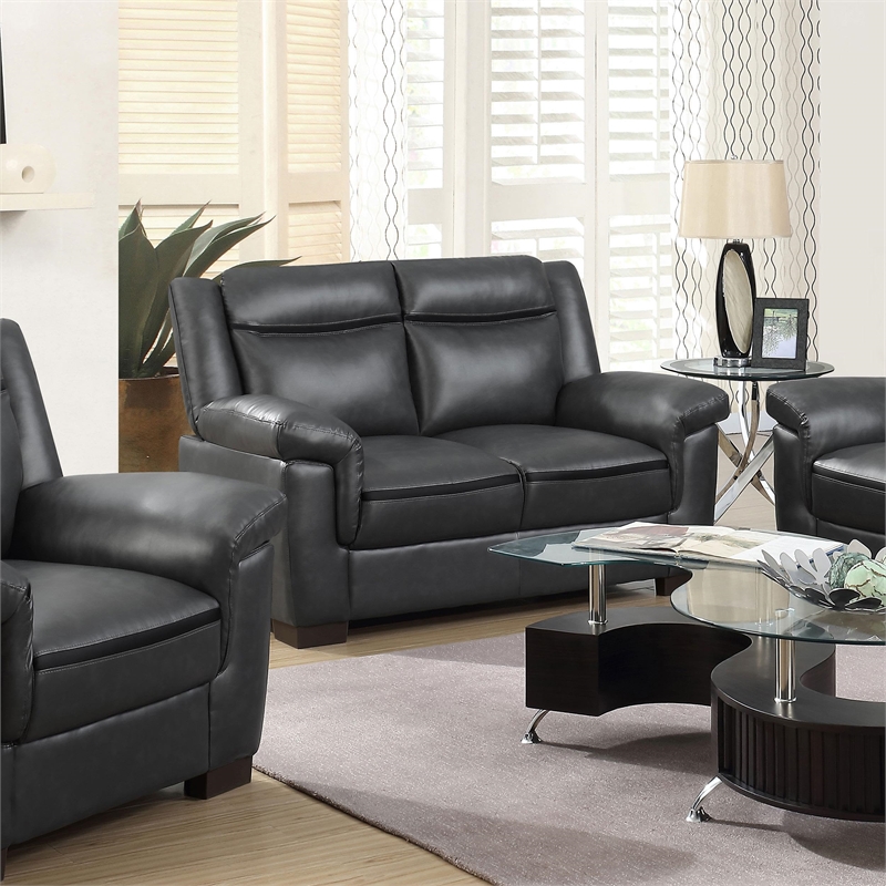 Pemberly Row Contemporary Faux Leather Pillow Top Arm Upholstered Gray Loveseat