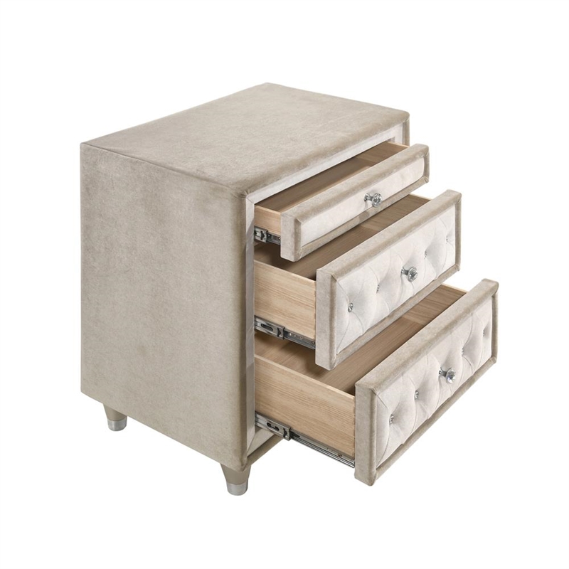Pemberly Row 3-Drawer Upholstered Velvet Nightstand in Ivory and Camel