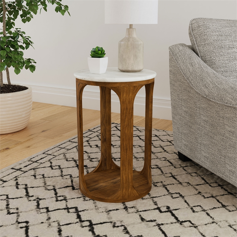 Pemberly Row Round Mid-Century Marble Top Side Table in White and Brown