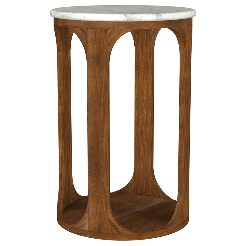 Pemberly Row Round Mid-Century Marble Top Side Table in White and Brown