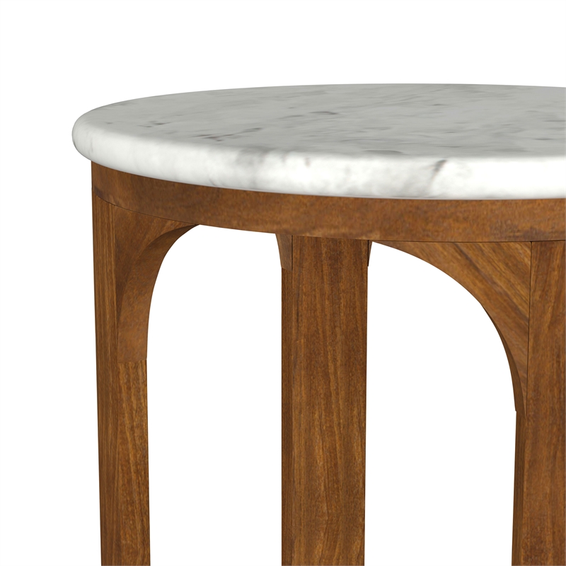 Pemberly Row Round Mid-Century Marble Top Side Table in White and Brown