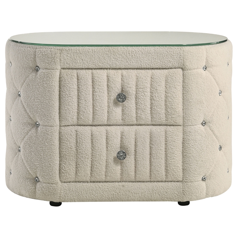 Pemberly Row 2-Drawer Tufted Upholstered Modern Fabric Nightstand in Ivory