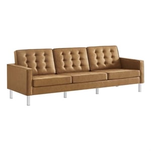 Pemberly Row Tufted Vegan Leather Stainless Steel Sofa in Silver/Tan