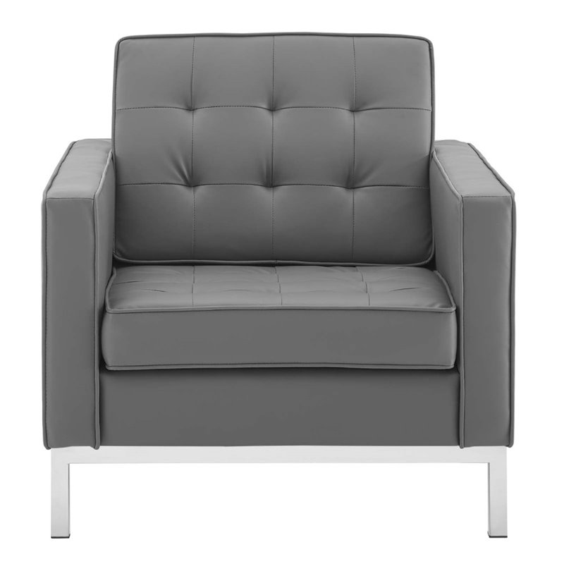Pemberly Row Tufted Upholstered Faux Leather Armchair in Silver/Gray