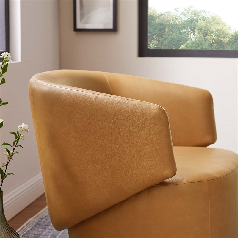 Pemberly Row Upholstered Vegan Faux Leather & Wood Swivel Chair in Tan