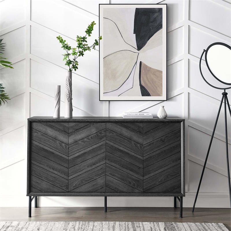 Pemberly Row Chevron Wood Sideboard with Adjustable Shelves in Black