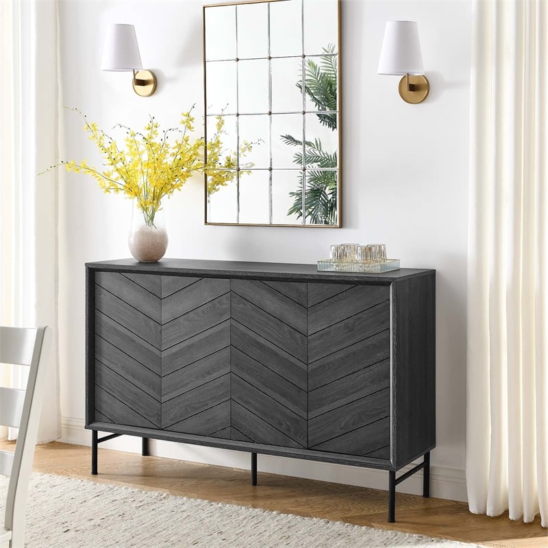 Pemberly Row Chevron Wood Sideboard with Adjustable Shelves in Black