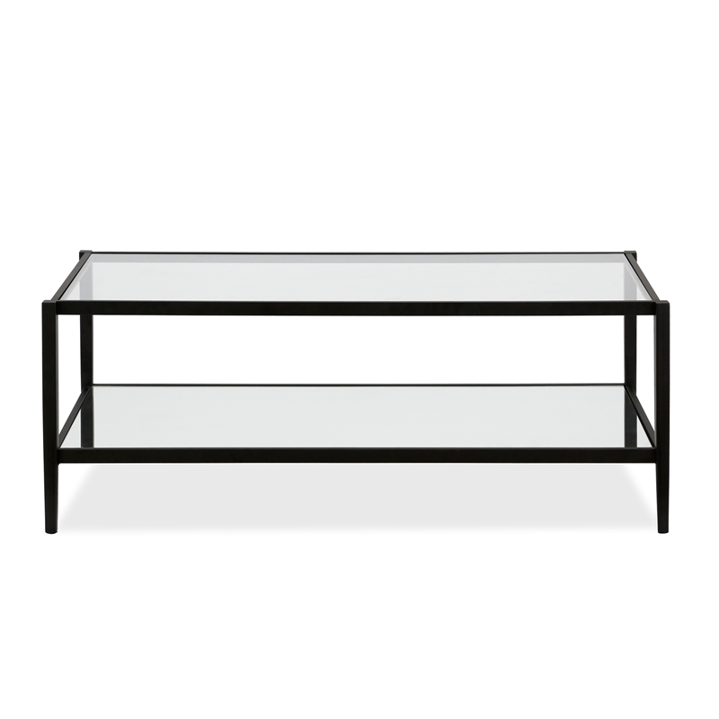 Pemberly Row Rectangle Coffee Table in Black and Bronze with Mirrored Shelf