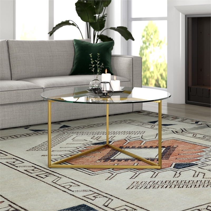 Pemberly Row Contemporary Brass Round Coffee Table with Glass Top