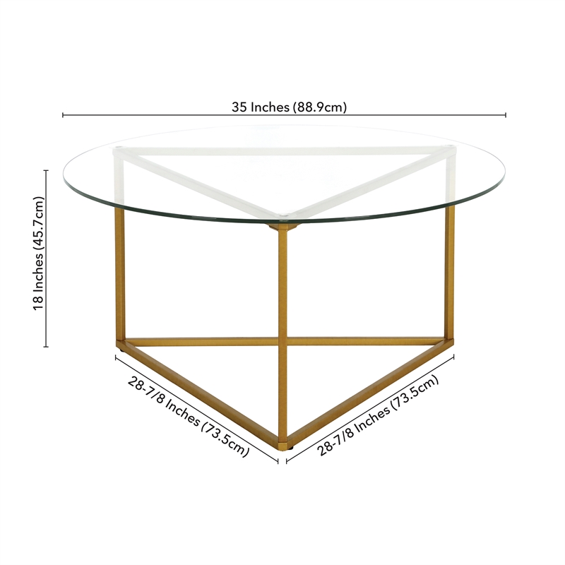 Pemberly Row Contemporary Brass Round Coffee Table with Glass Top