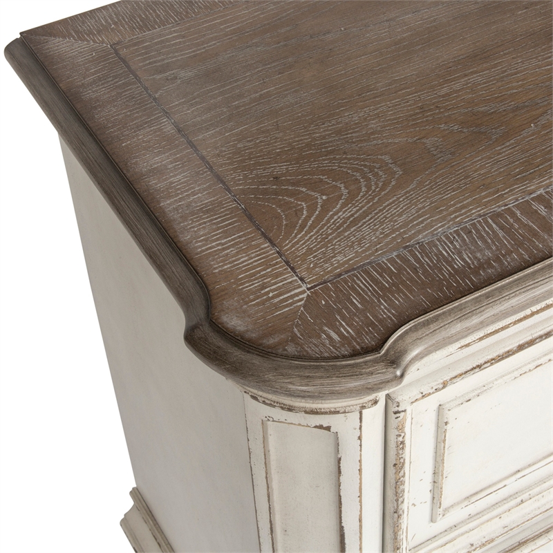 Pemberly Row Farmhouse White 2 Drawer Night Stand with Antique Brass Knobs