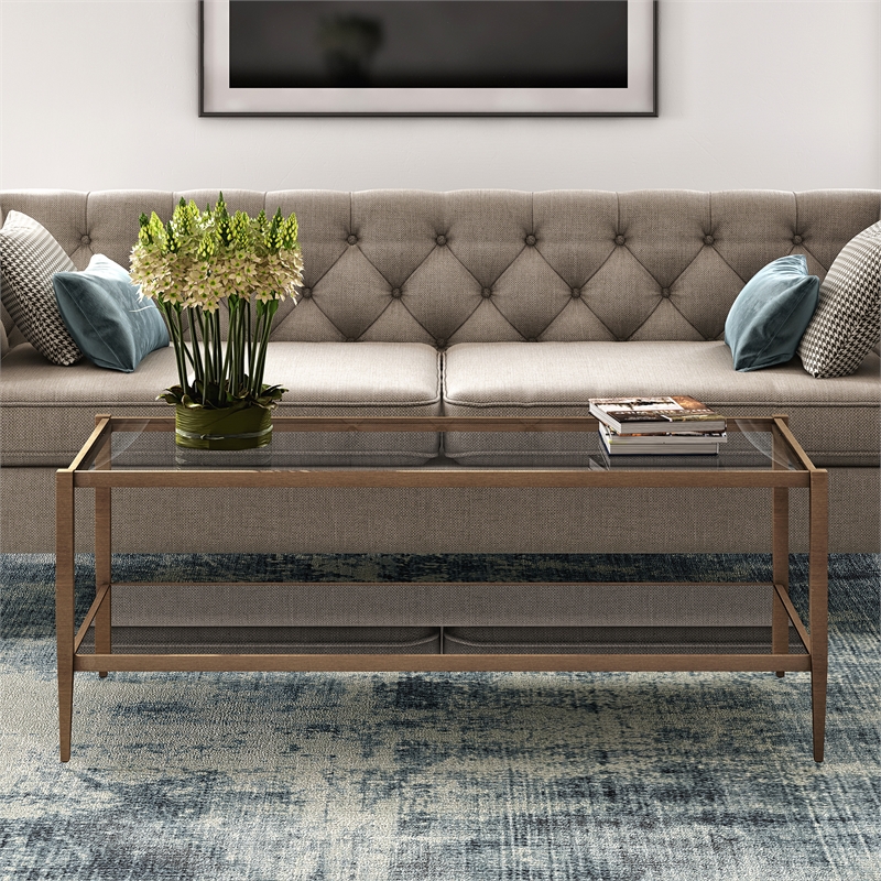 Pemberly Row Modern Rectangle Coffee Table in Brass and Gold with Mirrored Shelf