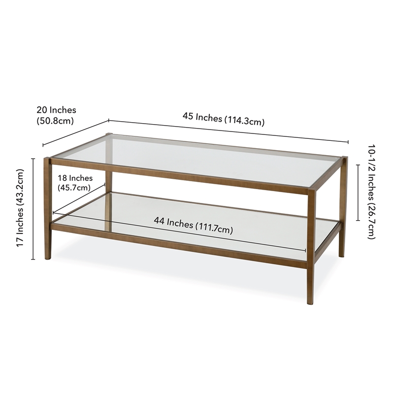 Pemberly Row Modern Rectangle Coffee Table in Brass and Gold with Mirrored Shelf