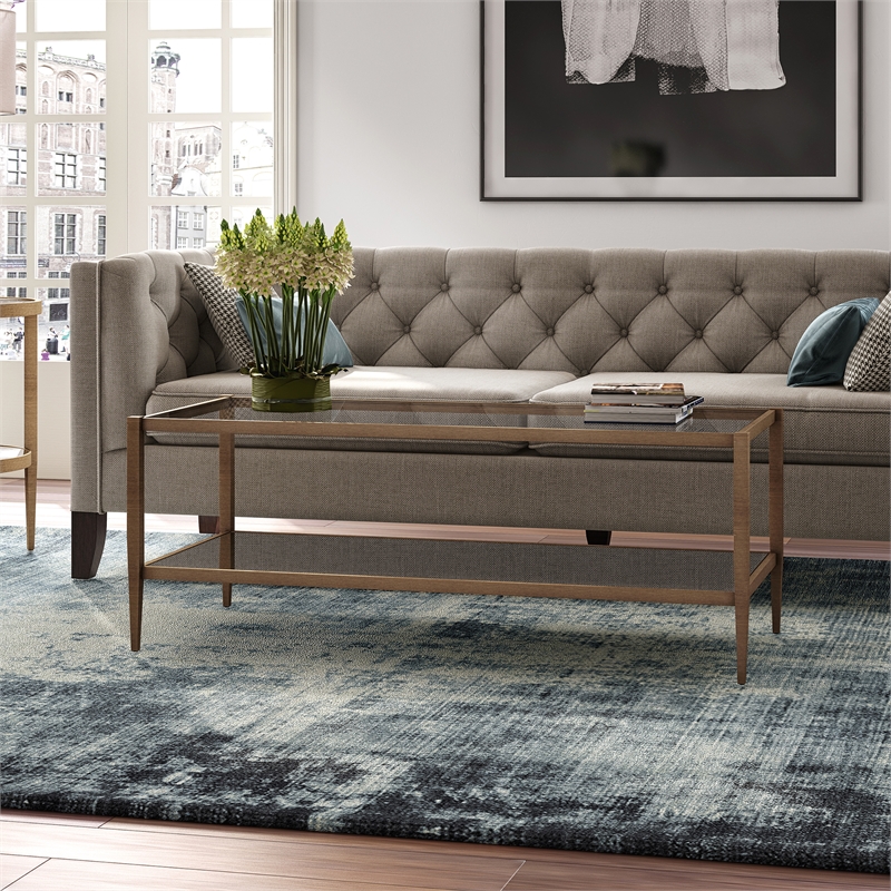 Pemberly Row Modern Rectangle Coffee Table in Brass and Gold with Mirrored Shelf