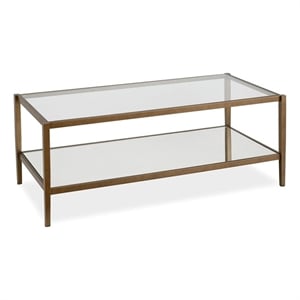 Pemberly Row Modern Rectangle Coffee Table in Brass and Gold with Mirrored Shelf