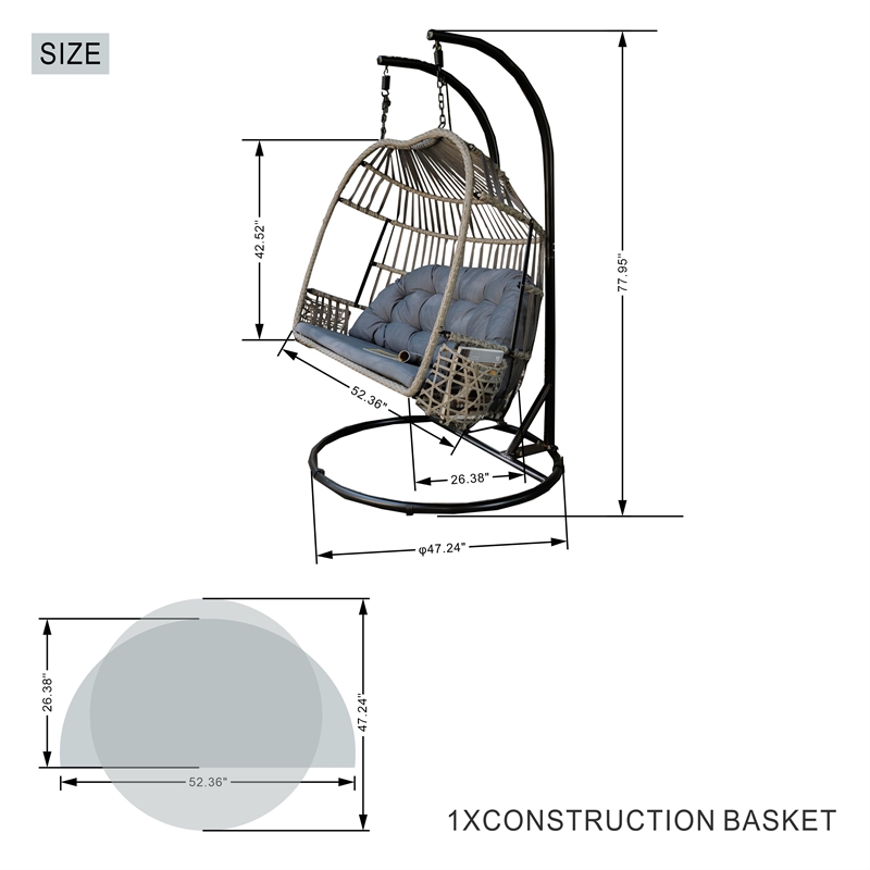 Pemberly Row Double Seat Patio Swing Chair with Gray Cushion