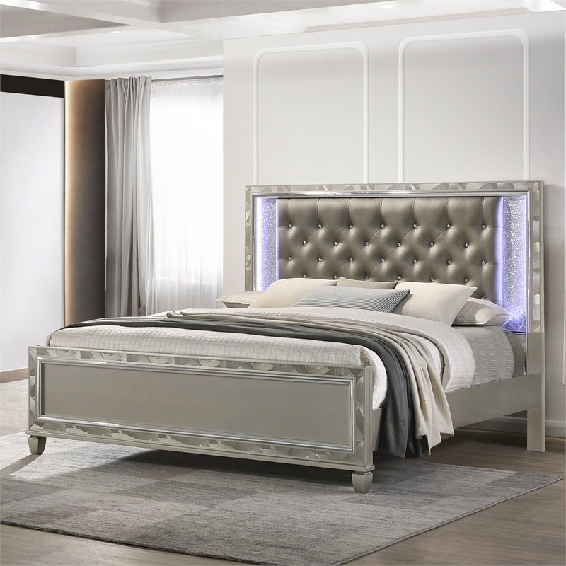 Pemberly Row Contemporary Solid Wood King Bed in Silver Finish