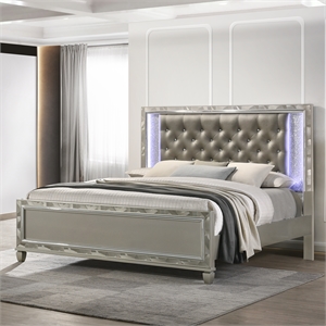 Pemberly Row Contemporary Solid Wood King Bed in Silver Finish