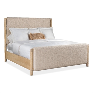 Pemberly Row Transitional Queen Upholstered Panel Bed in Beige Wood