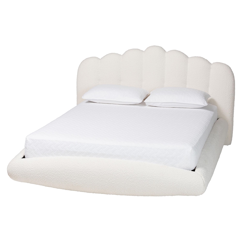 Pemberly Row Modern Cream Boucle Fabric King Size Floating Bed