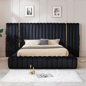 Pemberly Row Velvet Upholstered Queen Platform Bed with Wings in Black